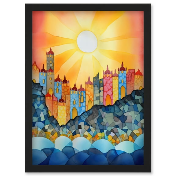 Tangier Costal Cliff Sunrise Folk Art Artwork Framed Wall Art Print A4