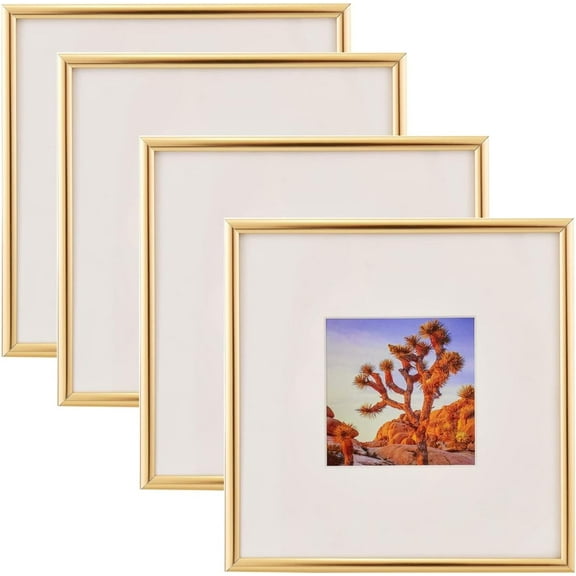 8x8 Picture Frame in Gold - Displays 4x4 With Mat and 8x8 Without Mat-Aluminum with shatter tempered glass