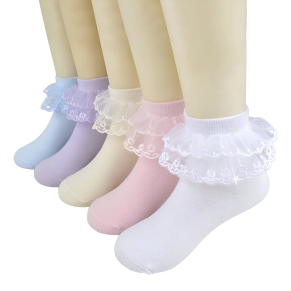 TELOLY 5 Pairs Toddler Baby Girls Ruffle Lace Socks Cotton Frilly Ankle Soft Dress Children Princess Socks 2-15T