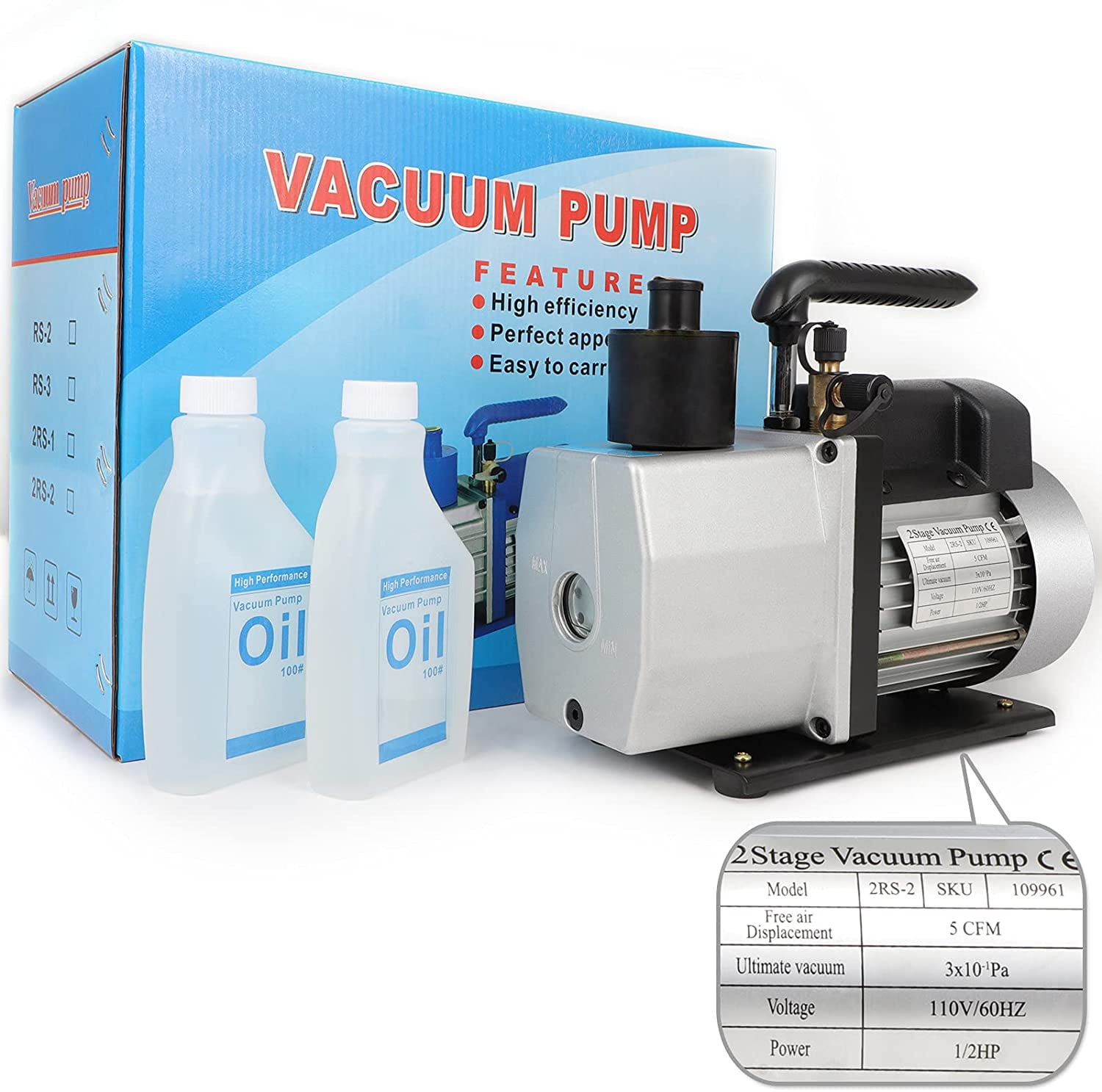 5CFM 1/2HP Air Vacuum Pump HVAC Refrigeration Dual Stage AC Air Tool 25