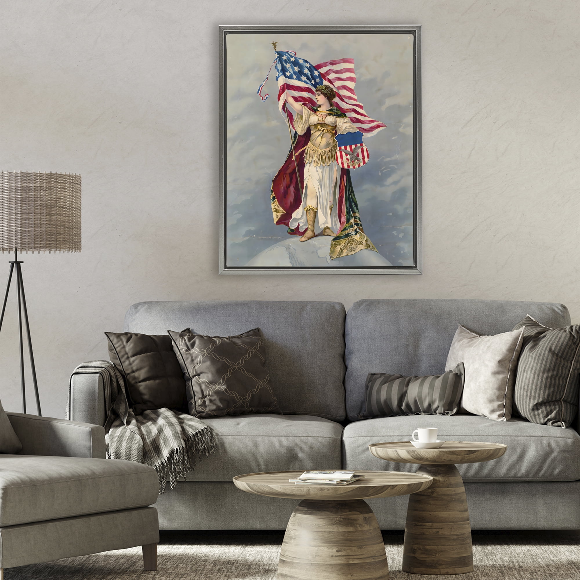 Stupell Industries Columbia Standing with American Flag Gray Framed Floater Canvas Wall Art, design by Arlington Prints