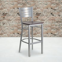 Flash Furniture HERCULES Series Silver Slat Back Metal Restaurant Barstool - Mahogany Wood Seat