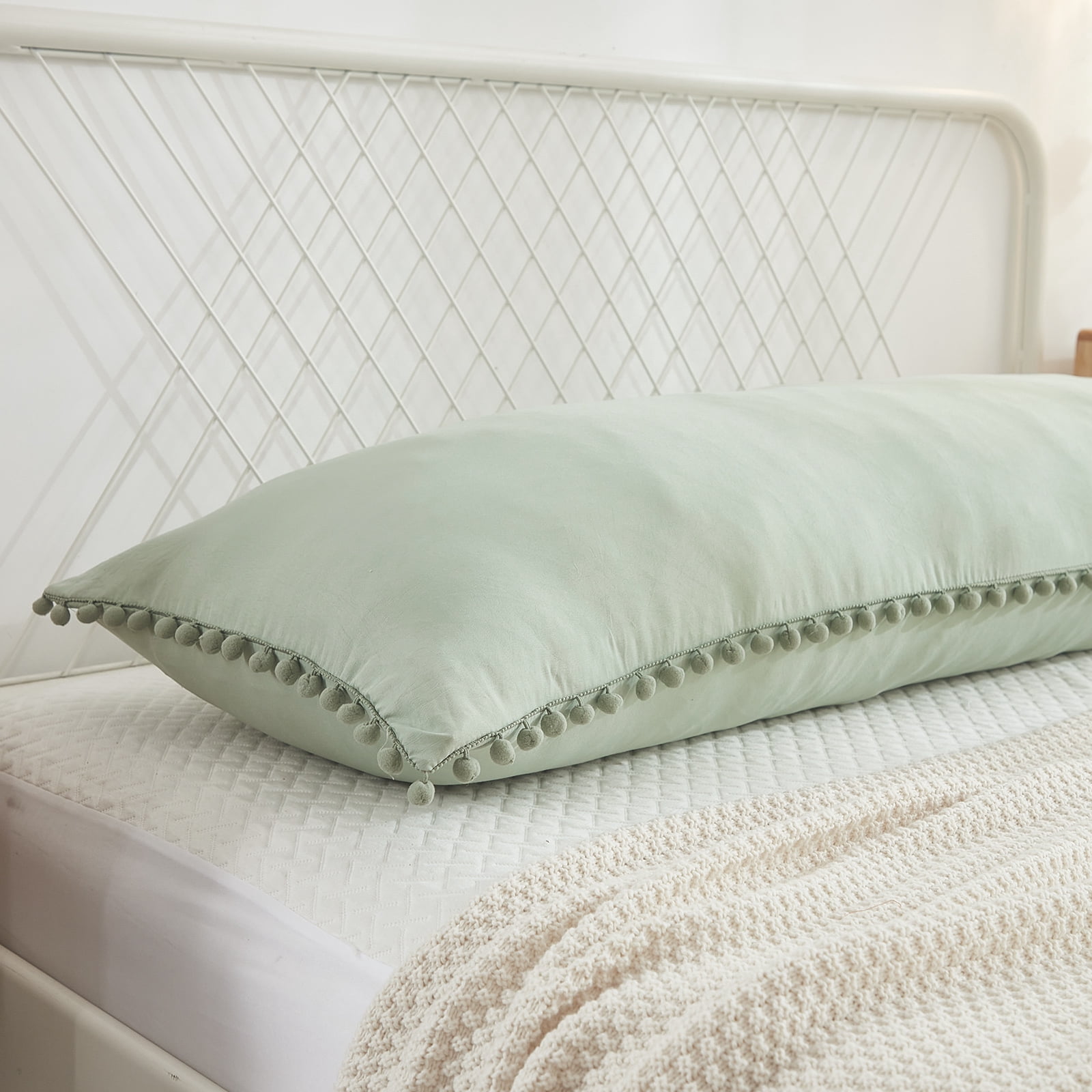 Move Over Sage Green Body Pillow Cover 20x54 inches Boho Chic Pom Poms Fringe Pattern Body Pillowcase 100% Washed Microfiber