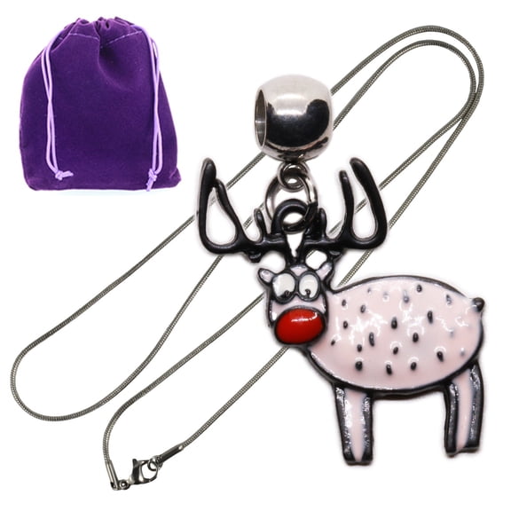 Cute Deer Necklace Cartoon Red Nose Pendant for Christmas Holiday Style, Enamel Deer Charm on Silver Tone Chain with Gift Pouch for Women Teens