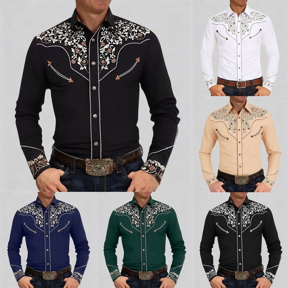Western Cowboy Shirt for Men Vintage Button Down Shirts Fall Long Sleeve Country Embroidered Top Khaki XXL