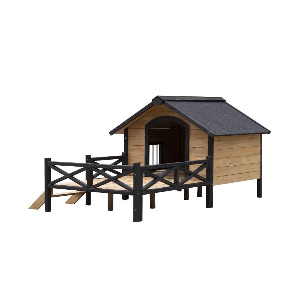Outdoor Large Wooden Dog Kennel with Porch - Unique All-Around Iron Frame Cabin Style for Dogs