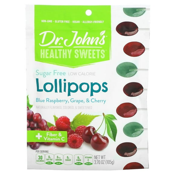 Dr. John's Healthy Sweets, Lollipops, + Fiber & Vitamin C, Blue Raspberry, Grape & Cherry, Sugar Free, 3.7 oz Pack of 3