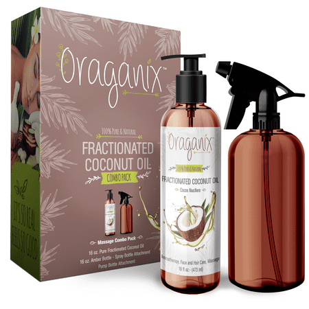 Oraganix Fractionated Coconut Oil Massage Set: 16 oz. All-Natural Fractionated Coconut Oil,16oz Amber Glass Bottle with Spray and Pump Attachment