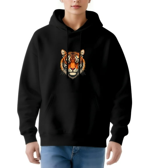 Women's Long Sleeve Hoodie Pullover Sweatshirt with Tiger Face Print Casual Sporty Style Front Pocket Vibrant Orange & Black Design