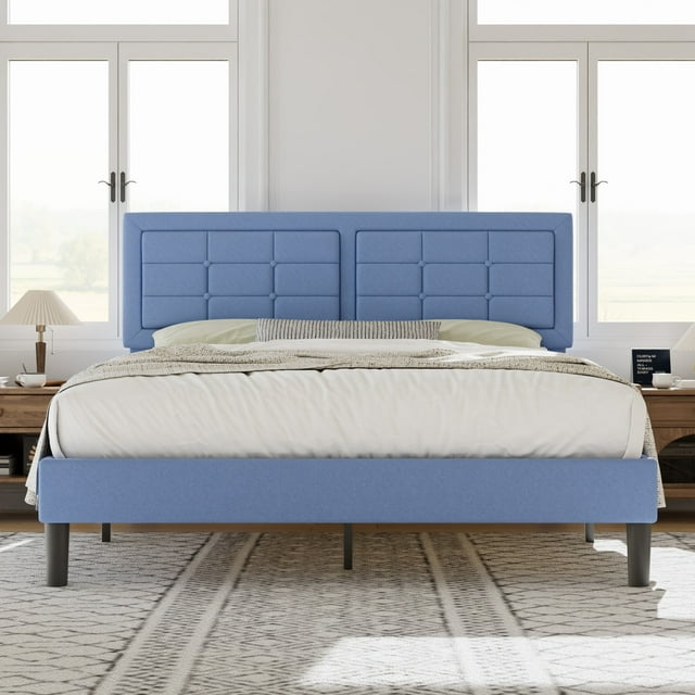VECELO Queen Size Upholstered Bed Frame, Modern Platform Bed Frame with Adjustable Button Tufted Headboard for Bedroom, No Box Spring Needed, Easy Assembly, Light Blue