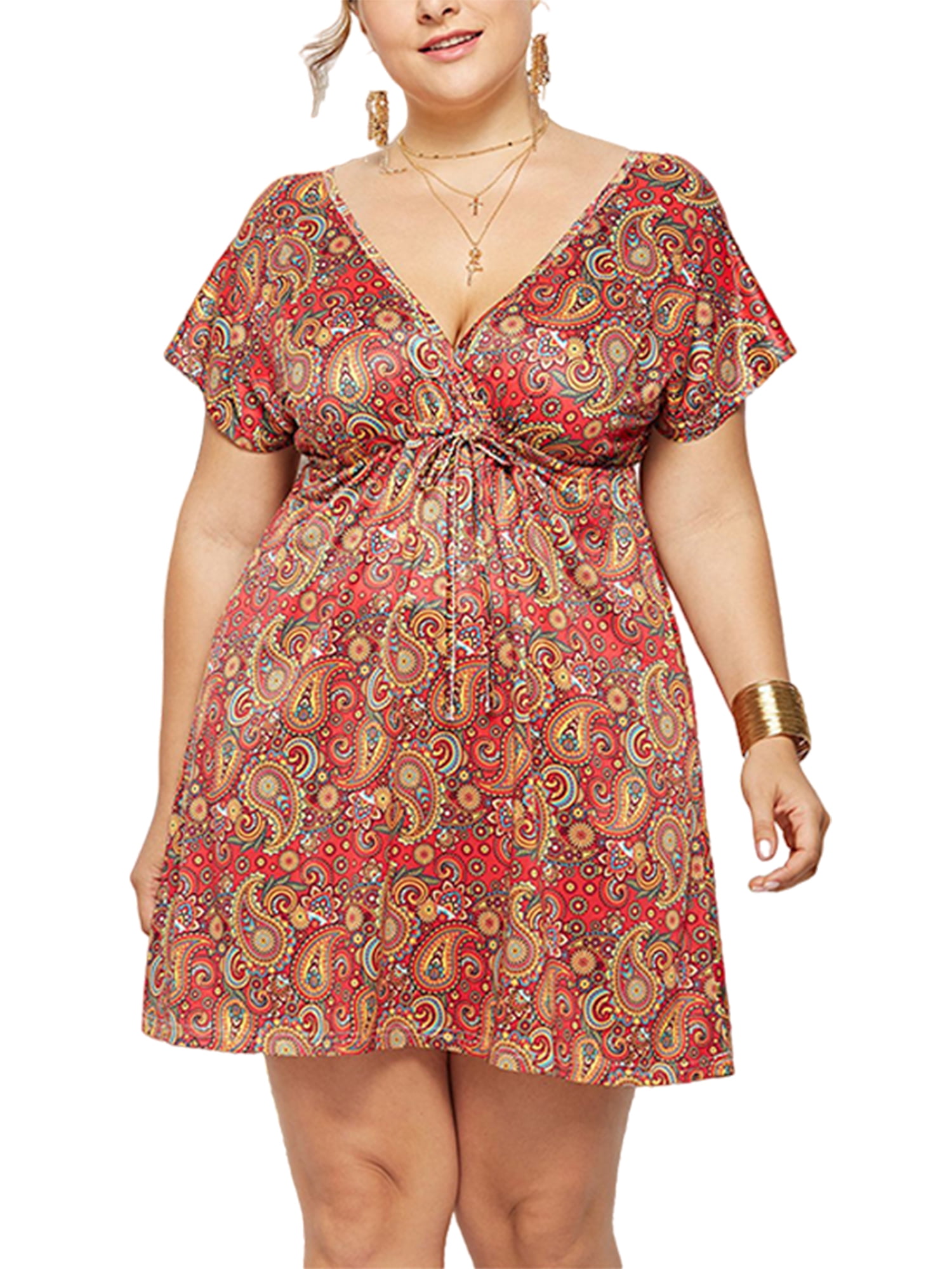 Womens Plus Size Boho Dresses Bohemian Mini Dress Short Sleeve Floral Print A-Line Dress L-4XL - Walmart.com