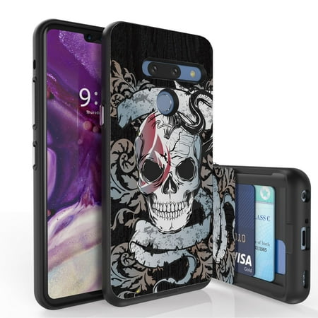 LG G8 ThinQ Case, PimpCase Slim Wallet Case + Dual Layer Card Holder Designed For LG G8 ThinQ (Released 2019) Gray Skull (Best Tattoo Designs 2019)