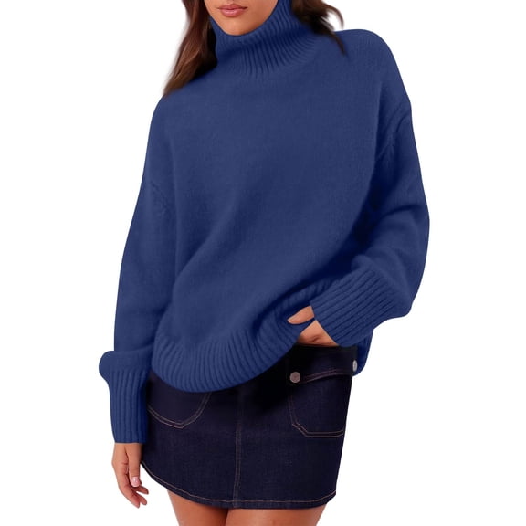 Sweaters for Women Turtleneck Sweater Women Chunky Sweater Women Womens Turtleneck Long Sleeve Sweater Fall Trendy Loose Fit Casual Tops Chunky Knit Pullover Sweaters, Navy-XL