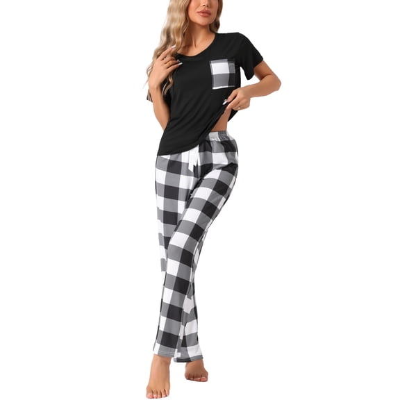 DARING DIVA Women's Plaid Short Sleeve Tops with Pants Pajama Sets XS White