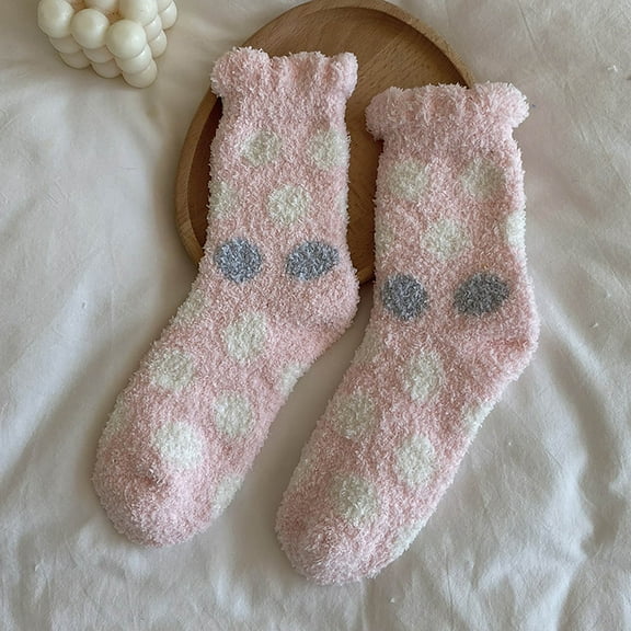 Dyfzdhu Autumn Winter Socks For Women Cute Dots Print Mid Tube Socks Comfy Coral Thickened Thermal Crew Socks