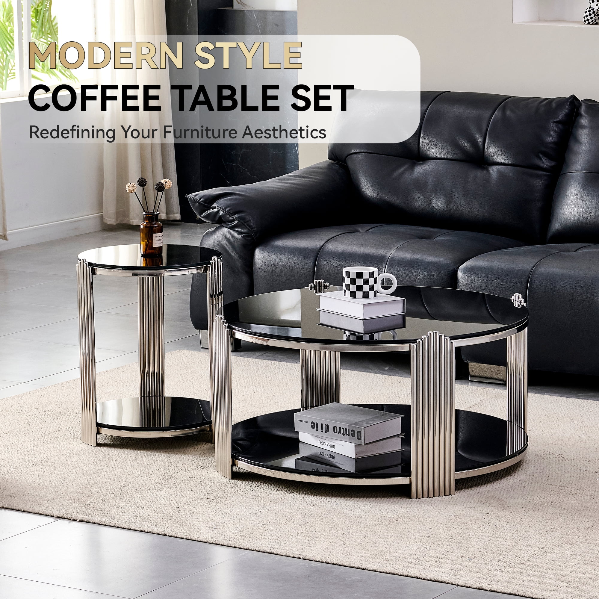 16.90 Inch Modern End Table, Bedside Table, Double-Layer Tempered Black Glass & Silver Stainless Steel Frame Living Room Table, Round Table