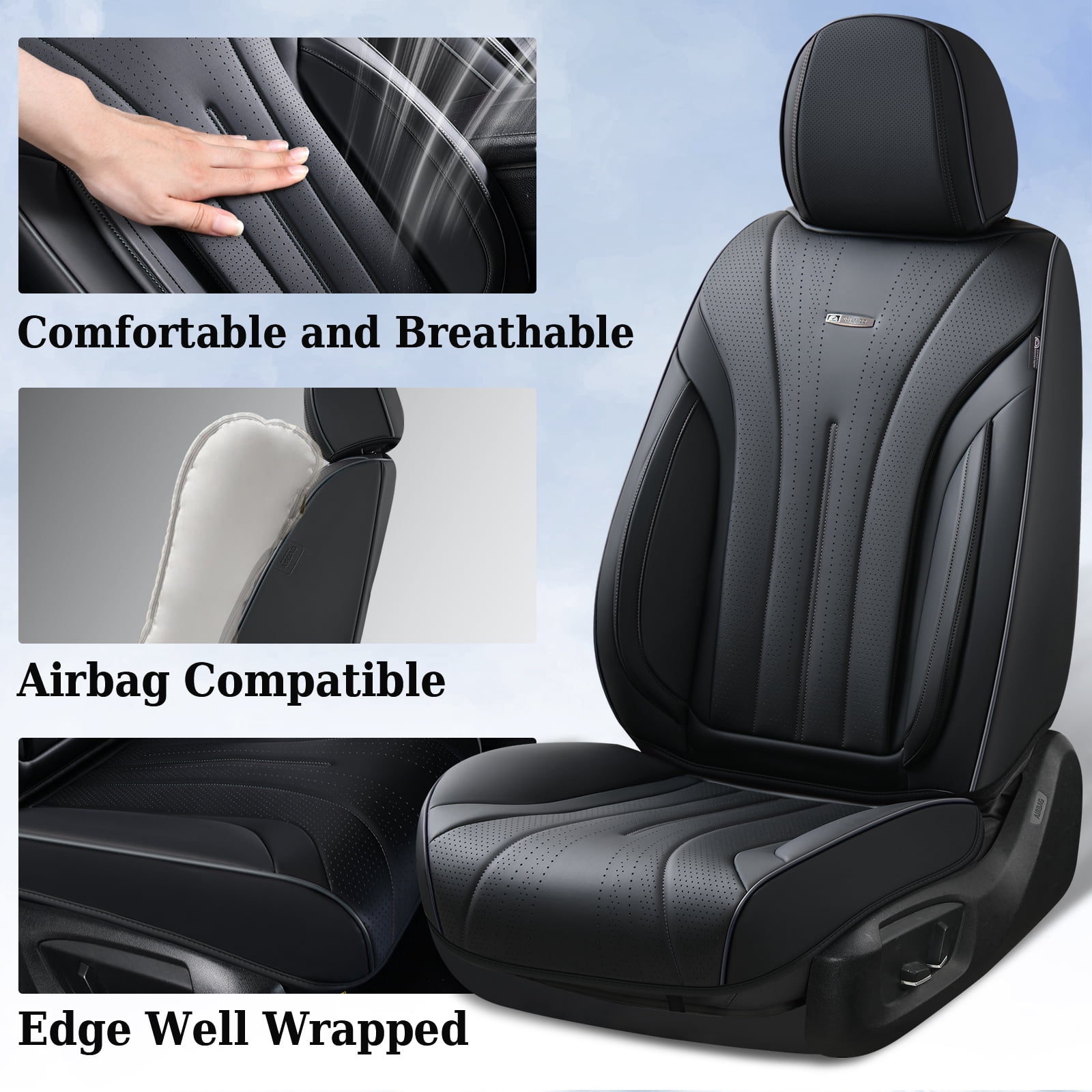 Coverado Front Car Seat Covers, Waterproof Faux Leather Seat Protector, Breathable Seat Cushions Universal Fit for Most Cars, Black