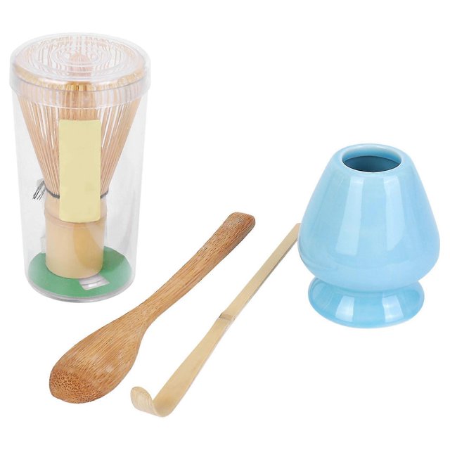 Whisk Set Bamboo Tea 4 Including 100 Whisk (Chasen), Scoop (Chashaku), Tea Spoon, Whisk Holder Blue