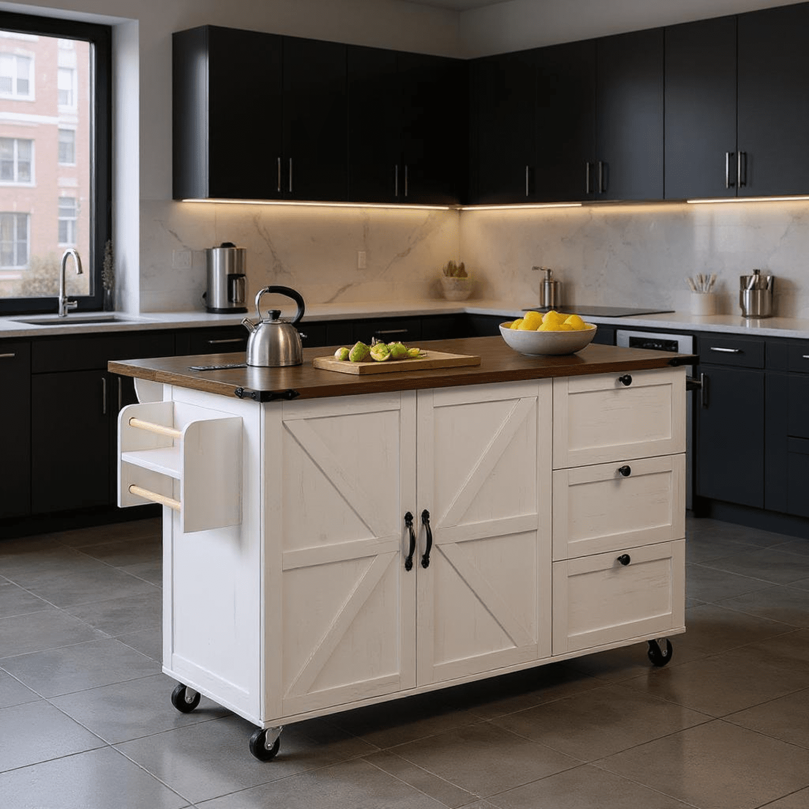 Homy Casa 54.5" Farmhouse Kitchen Island with Drop Leaf, Power Outlets, Barn Doors, 3 Drawers