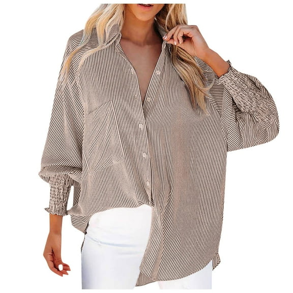 Womens Button Down Shirt Striped Print Dressy Casual Lapel Collar V-Neck Tunic Tops Long Sleeved Loose Fit Blouses with Pocket