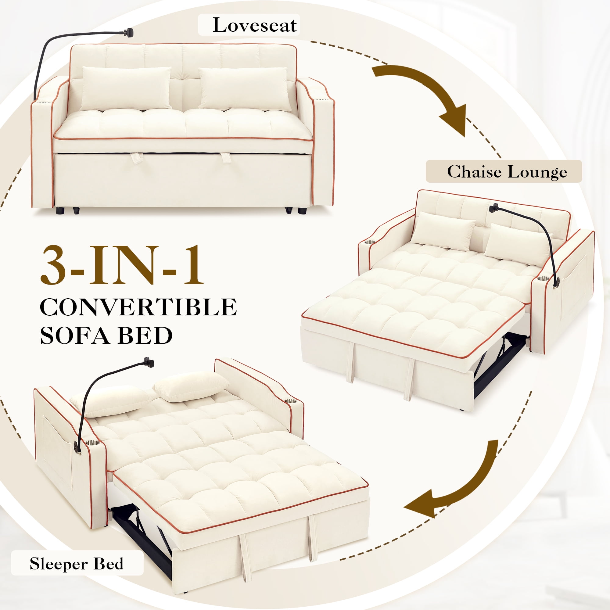 Dinosisco 3-in-1 Convertible Futon Sofa Bed, Loveseat Sleeper with Phone Stand, USB, Beige Velvet
