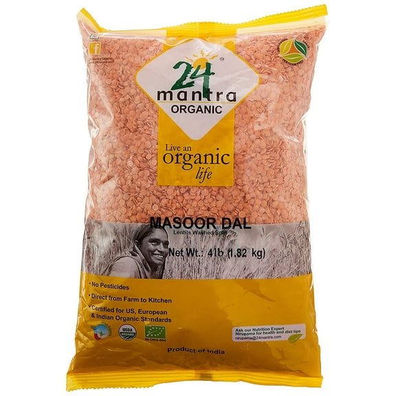 Organic Masoor Dal - Split Red Lentils Bulk - USDA Certified Organic - European Union Certified Organic - Pesticides Free - Adulteration Free - Sodium Free - 4 Lbs, 64 Ounces - 24 Mantra Organic