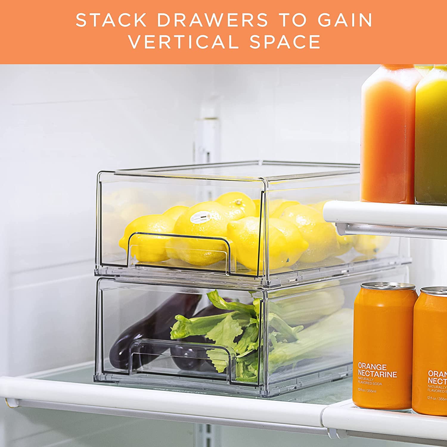 Sorbus Clear Stackable Fridge Drawer Bins - Pull Out Refrigerator Organizer Containers for Kitchen Storage (4 Pack | Medium)