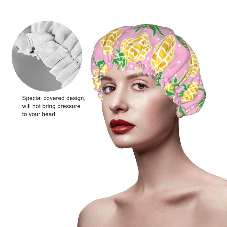 Cute Pineapple Starry Sky Pink Shower Cap for Women Double Waterproof Layers Shower Caps Hair Protection Bathing Shower Hat Reusable Hair Cap