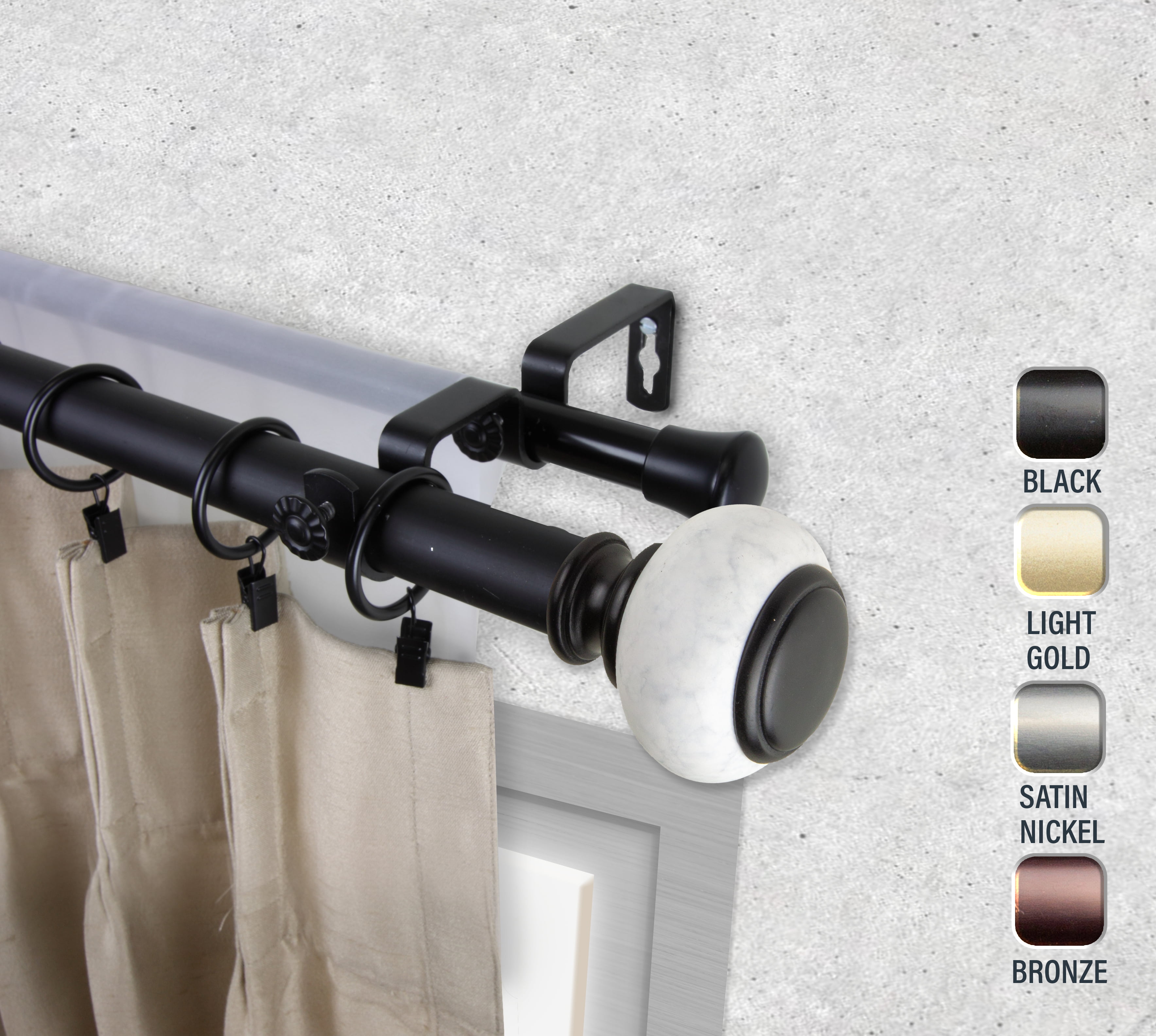 Obisdian Double Curtain Rod 1" OD #10-25 choose from 3 colors and 5 sizes 