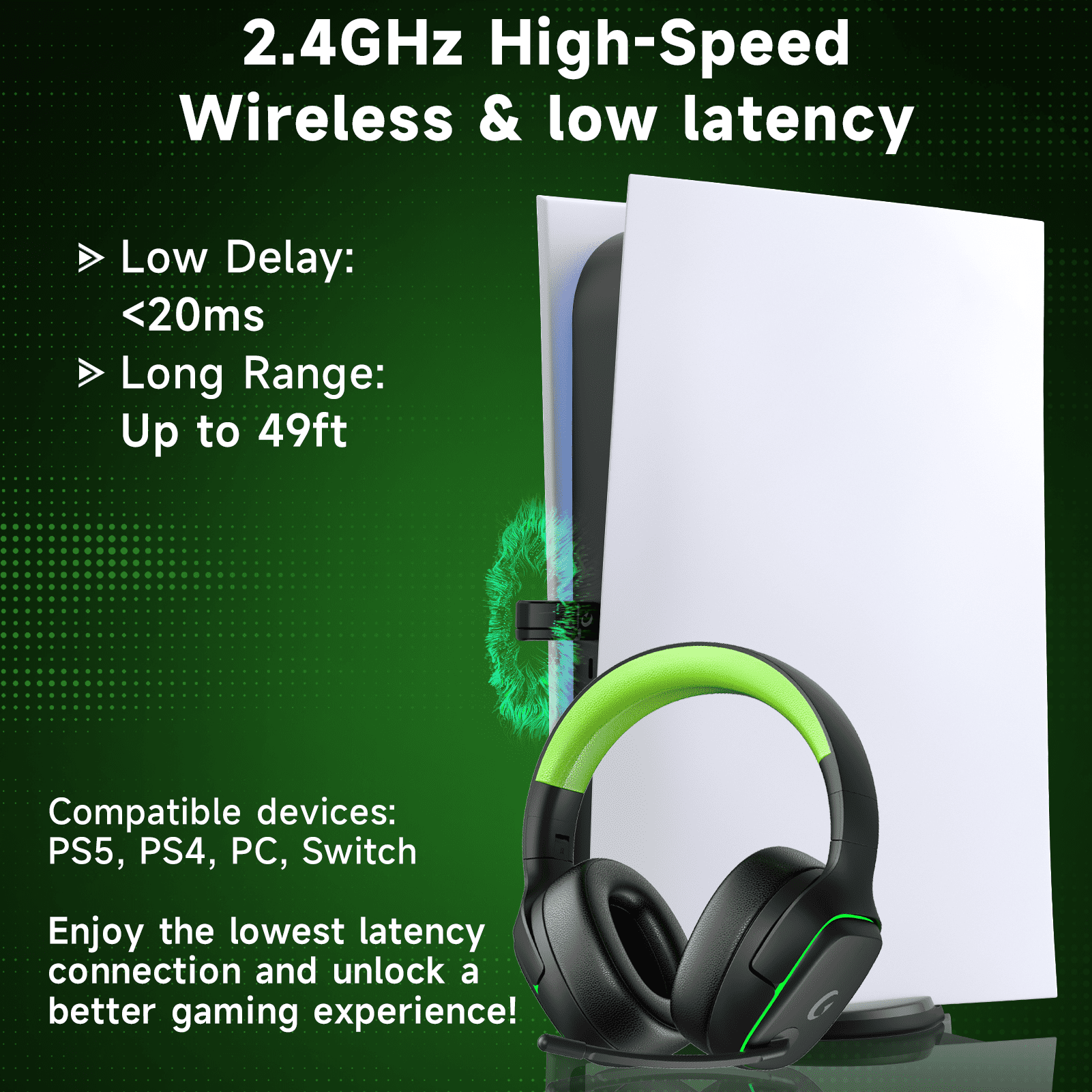 Wireless Gaming Headset 2.4GHz for PS5/PS4/PC/Switch,Bluetooth 5.3 Headphones with Noise-Canceling Mic, 7.1 Surround Sound, 70H Battery Life, RGB Lights, Foldable, Portable-Black&Green