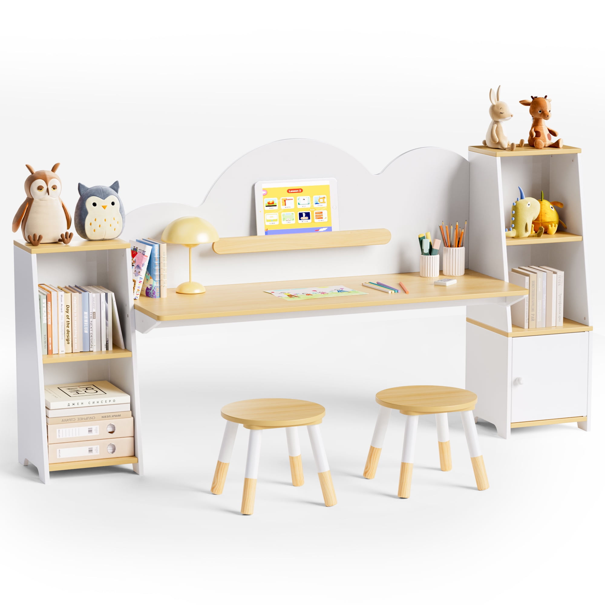 Joywind Kids Desk and Chair Set with Bookshelf & 2 Stools, 5-Storage Cabinet Study Table, Wooden Writing Desk for Children Ages 3-8, for Boys Girls Bedroom or Playroom