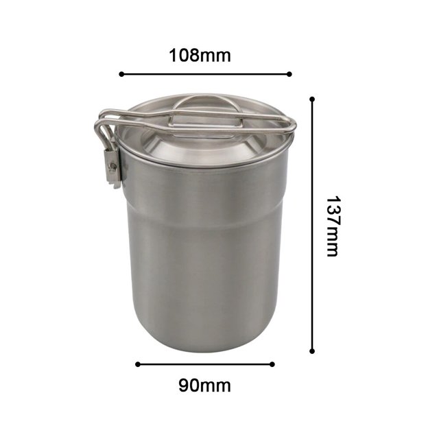 Tasse de Camping en Acier Inoxydable Tasse à Café Pot de Cuisson Portable 1L avec Couvercle Poignée Pliable pour Camping Pique-Nique Randonnée Argent