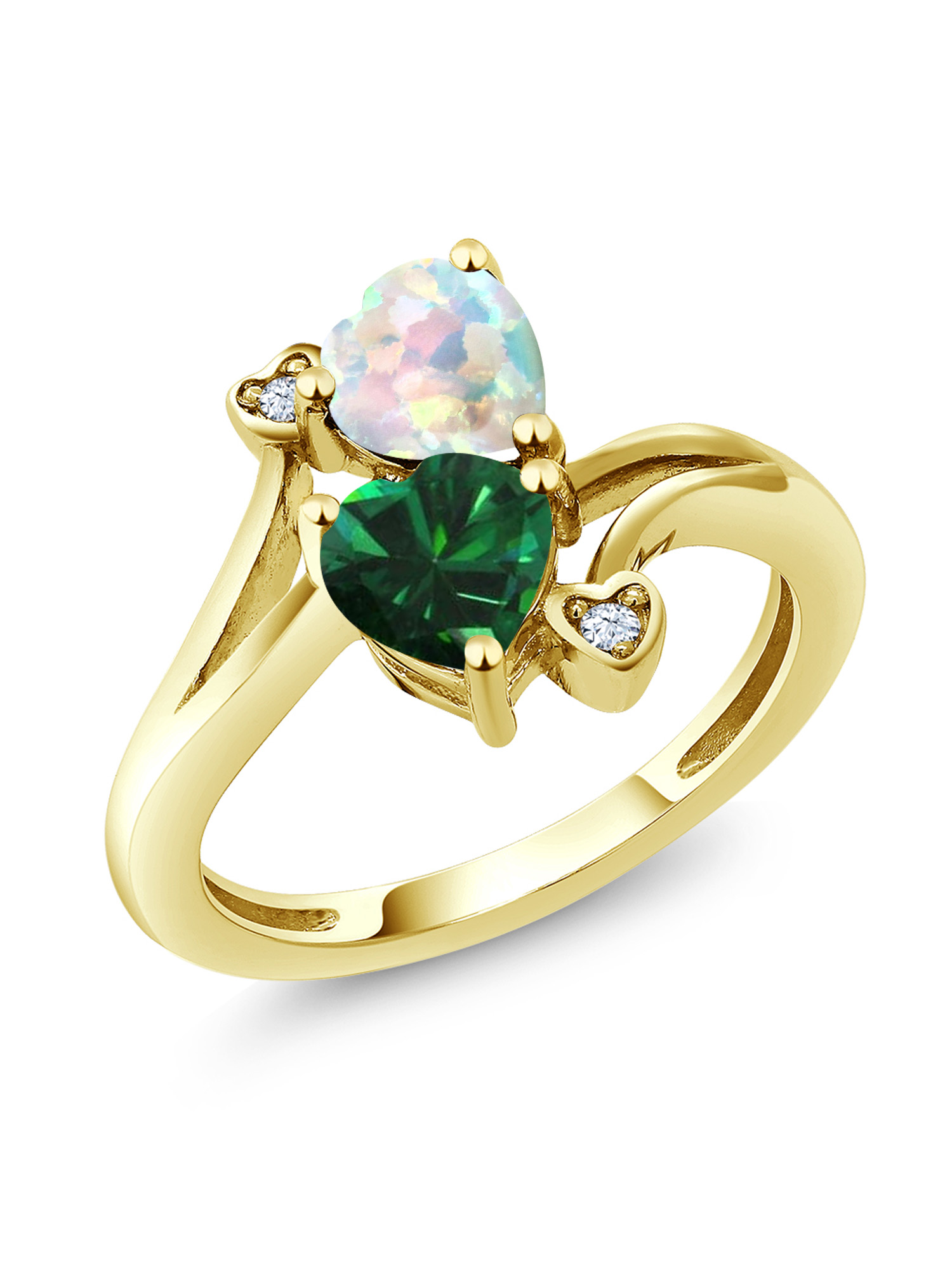 1.46 Ct Green Simulated Emerald White Simulated Opal 10K Yellow Gold Ring by