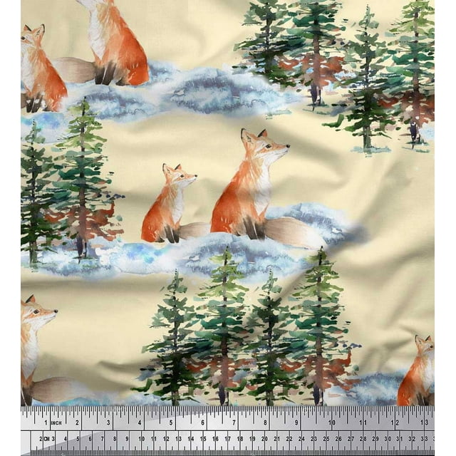 Soimoi Yellow Satin Silk Fabric Fox & Pine Tree Printed Craft Fabric by the Yard 42 Inch Wide