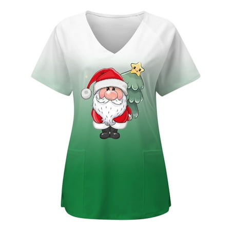 

TAIAOJING Women Scrubs Top Christmas Short Sleeve V Neck Santn Printed Top Nurses Working T Shirts Blouse With Pockets