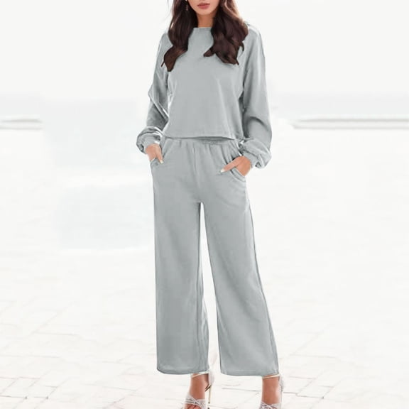 Vedolay Women's Casual Set Women's Two Piece Sweater Sets Long Sleeve V Neck Top and Wide Leg Pants Lounge Sets,Gray M