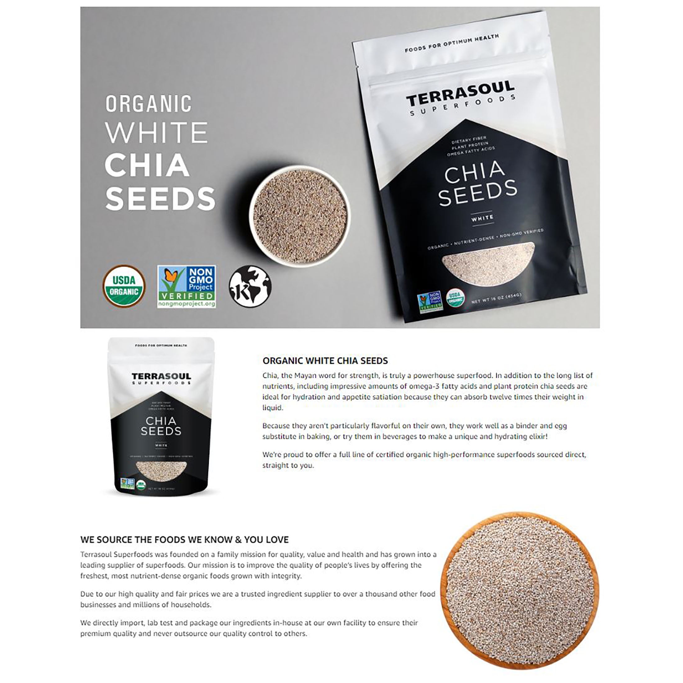 Terrasoul Superfoods Organic White Chia Seeds, 2 Lbs (1 Lb 2-Pack) - Omega Fats, Fiber, Plant Protein