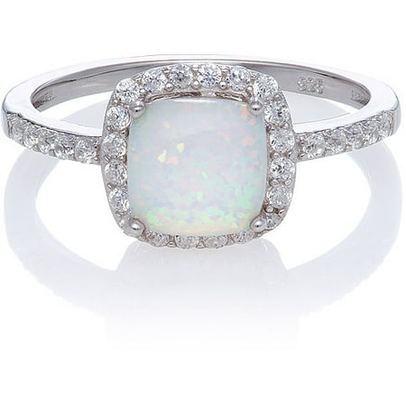 Simulated Opal Cushion-Cut with Created White Sapphire Ring, Size 7