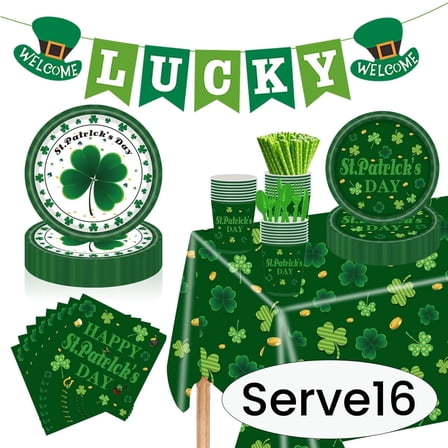 St. Patrick's Day Paper Plates Tableware St. Patrick's Party Accessories Shamrock Disposable Dinnerware Set for Irish Holiday Party Supplies Table Decorations Serve 16