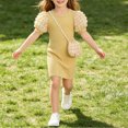 thumbnail image 5 of Fesfesfes Girls Short Puff Sleeve Ribbed Knit Dress with Matching Mini Crossbody Bag Round Neck A-Line Casual Summer Spring Outfit Ages 3-9 Years, 5 of 6