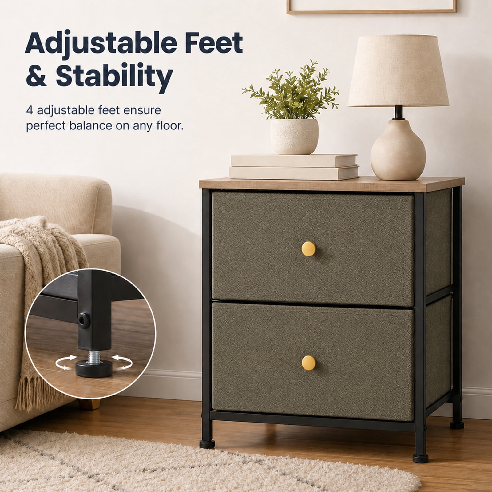 Alvantor Nightstand with 2 Storage Drawers, Small Bedside Table, Small Dresser with Sturdy Wooden Top for Daily Essentials, Compact Nightstand for Bedroom and Small Spaces