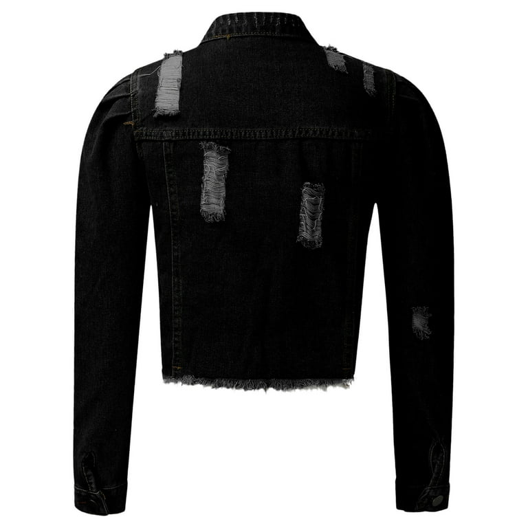 ◆BADBLOOD◆ Distressed crop denim jacket slim fit black w-j Fulijie Women's Jean Jacket Frayed Washed Button Up Cropped