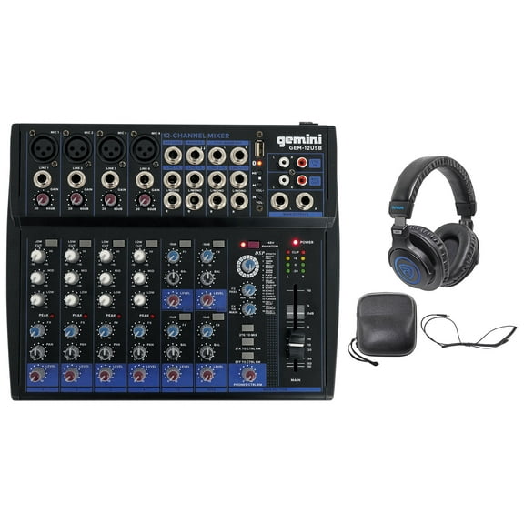 Gemini GEM-12USB 12 Channel Bluetooth Mixer w/USB 12 Ins/3 Band EQ Headphones