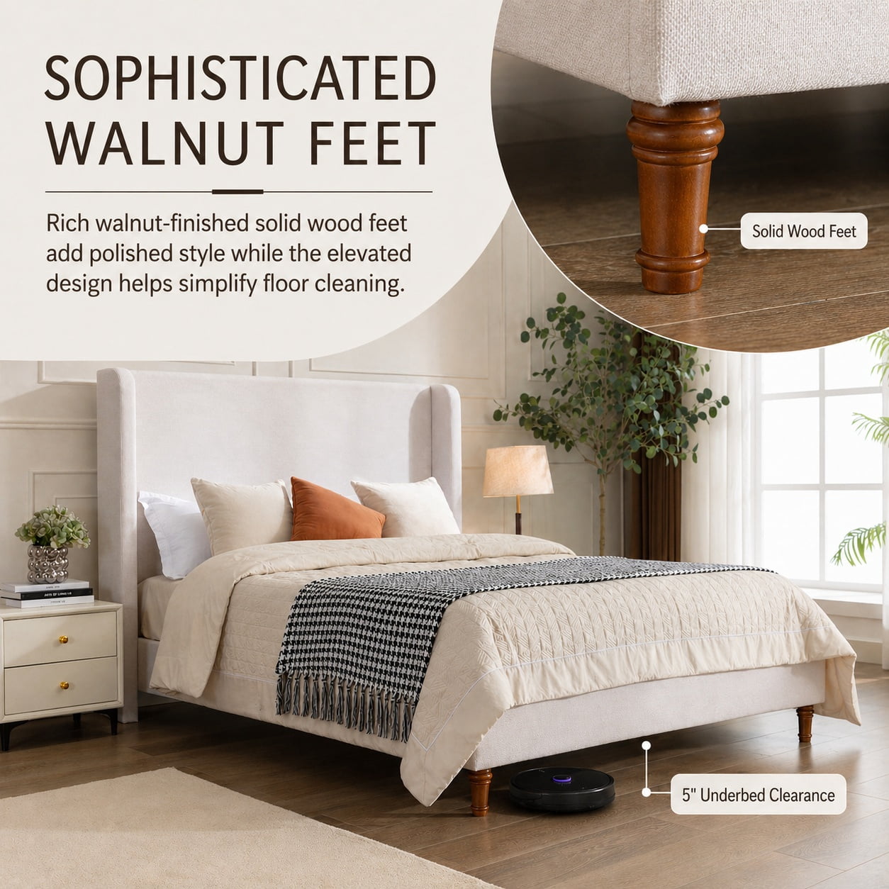 Miniyam King Size Upholstered Platform Bed Frame with Wingback 54 in. Headboard, Ivory