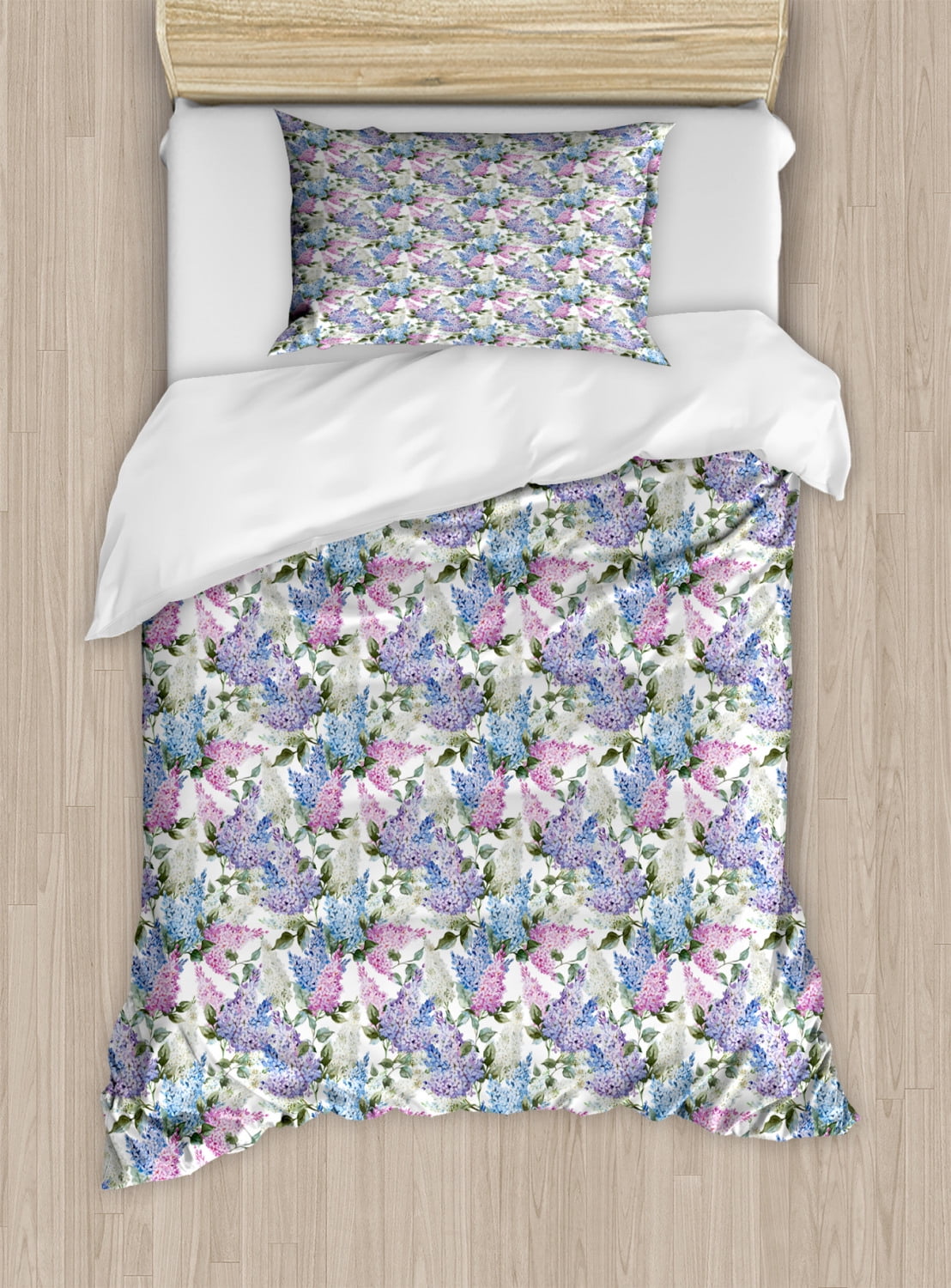 Lilac Twin Size Duvet Cover Set, Colorful Lilac Flowers Budding