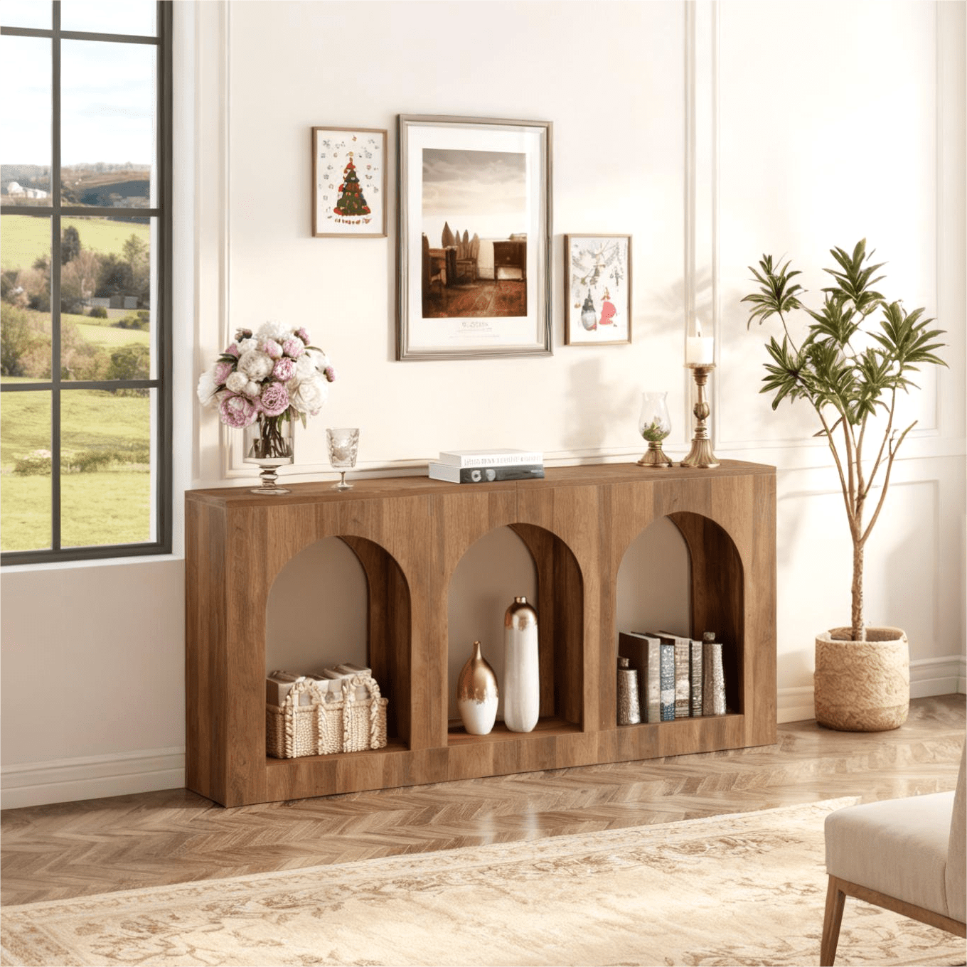 Fnova 70.9" Farmhouse Console Table, Narrow Long Sofa Table with 3 Arched Storage Shelves, Wood Entryway Table for Foyer, Hallway, Living Room, Behind Couch