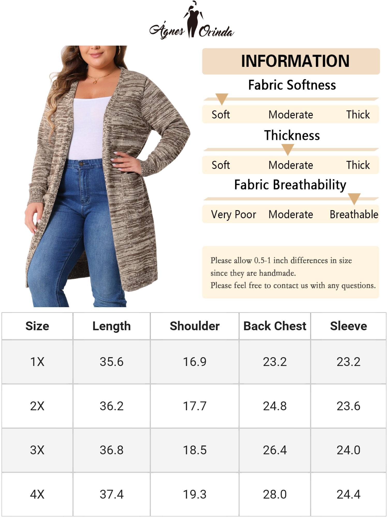 DARING DIVA Plus Size Contrast Color Open Front Long Sleeve Cardigan 4X Coffee