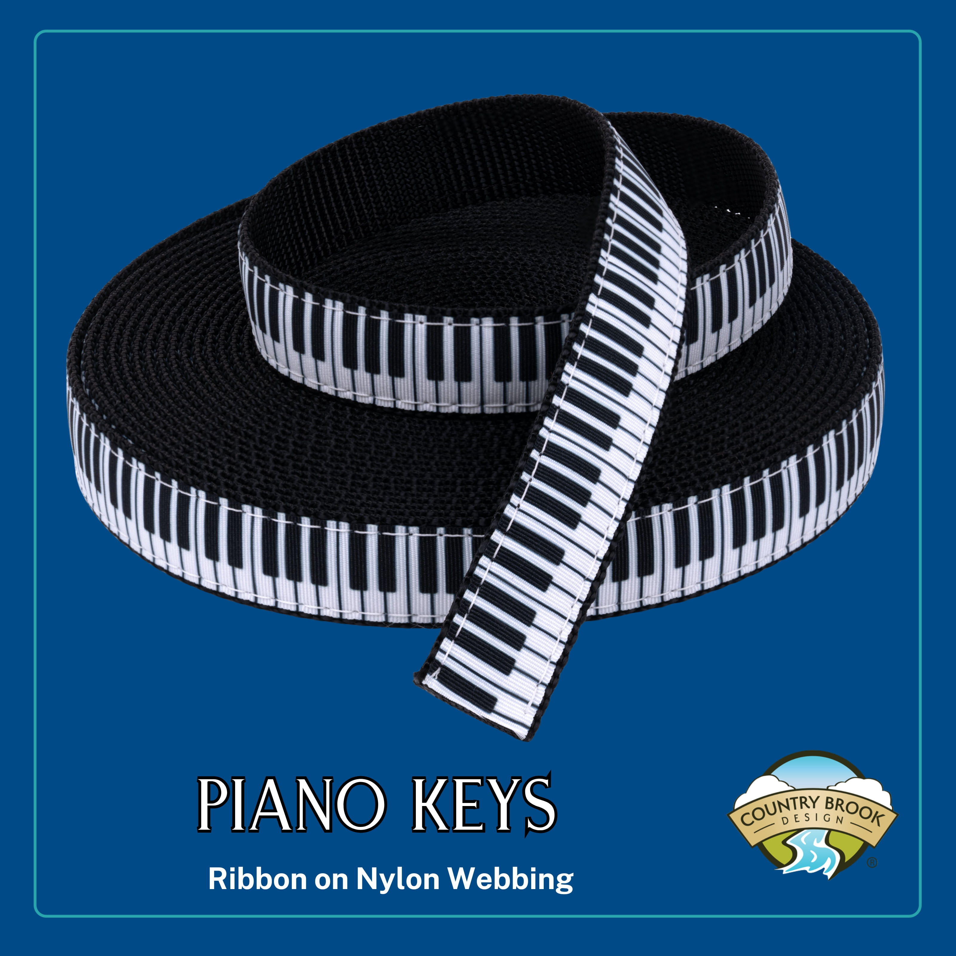 Country Brook Design® 1 Inch Piano Keys Ribbon on Black Nylon Webbing, 10 Yards