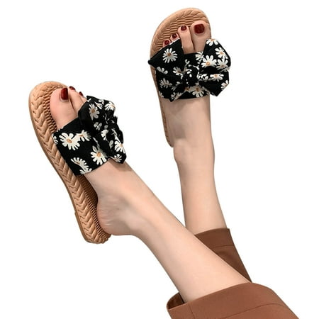 

Womens Slides Floral Flat Slip On Sandals Women Dressy Summer Flat Sandals With Bow Ladies Comfortable Boho Beach Slides Sandals Woman Dress Sandals HSMQHJWE（Black 8）
