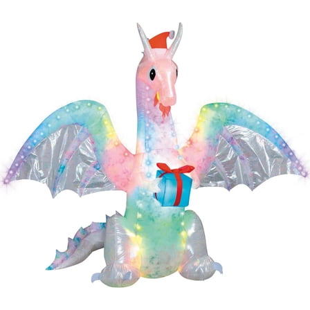 Gemmy 6 Ft 10" Inflatable Rainbow Lightshow Dragon with Flaming Mouth - Christmas Outdoor Yard Decoration